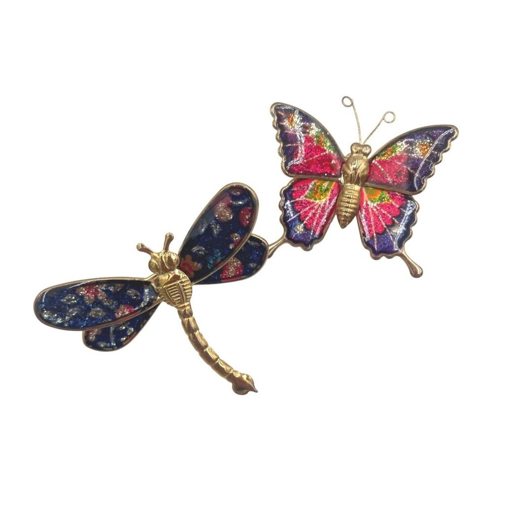 Vintage Dragonfly & Butterfly Enamel Brooch Set Vibrant Gold Tone Insect Pins